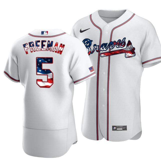 Men's Atlanta Braves #5 Freddie Freeman White 2020 Stars & Stripes Flex Base Stitched Jersey